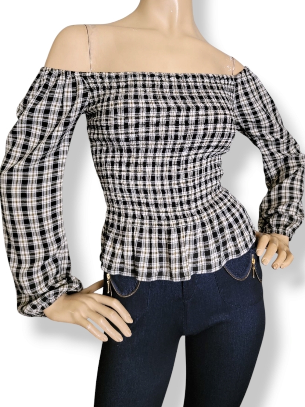 Hollister Off-Shoulder Black & White Plaid Smocked Peplum Top